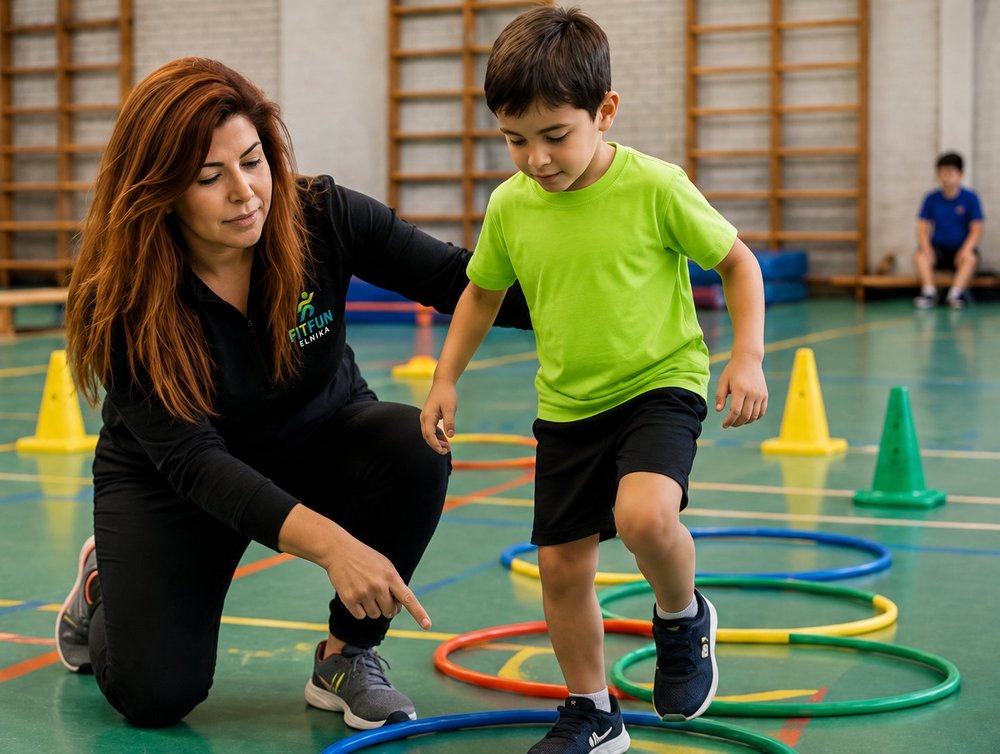 Coach begeleidt een kind met hoepelsprongen